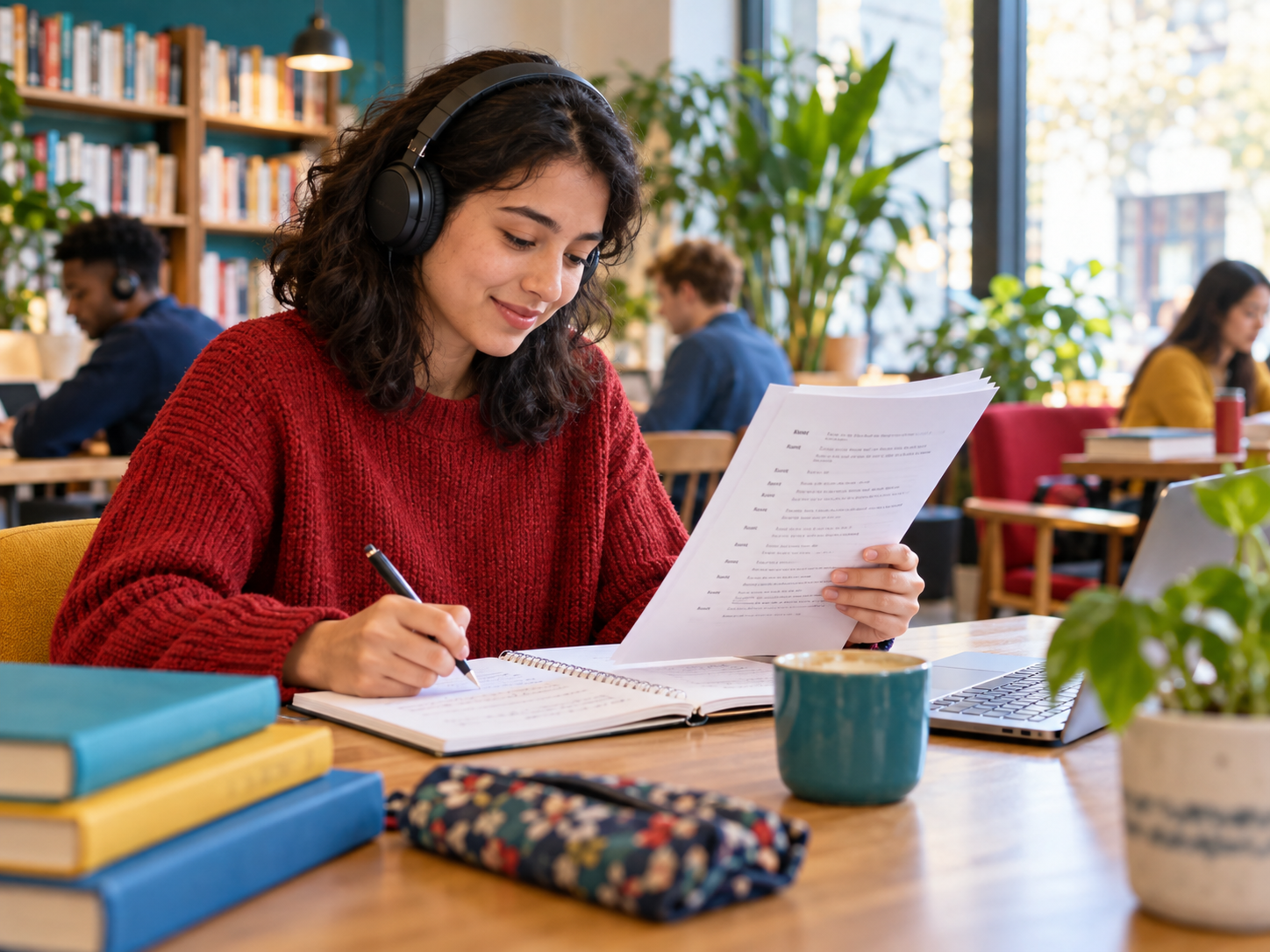 Learner listening with headphones while reading and taking notes
