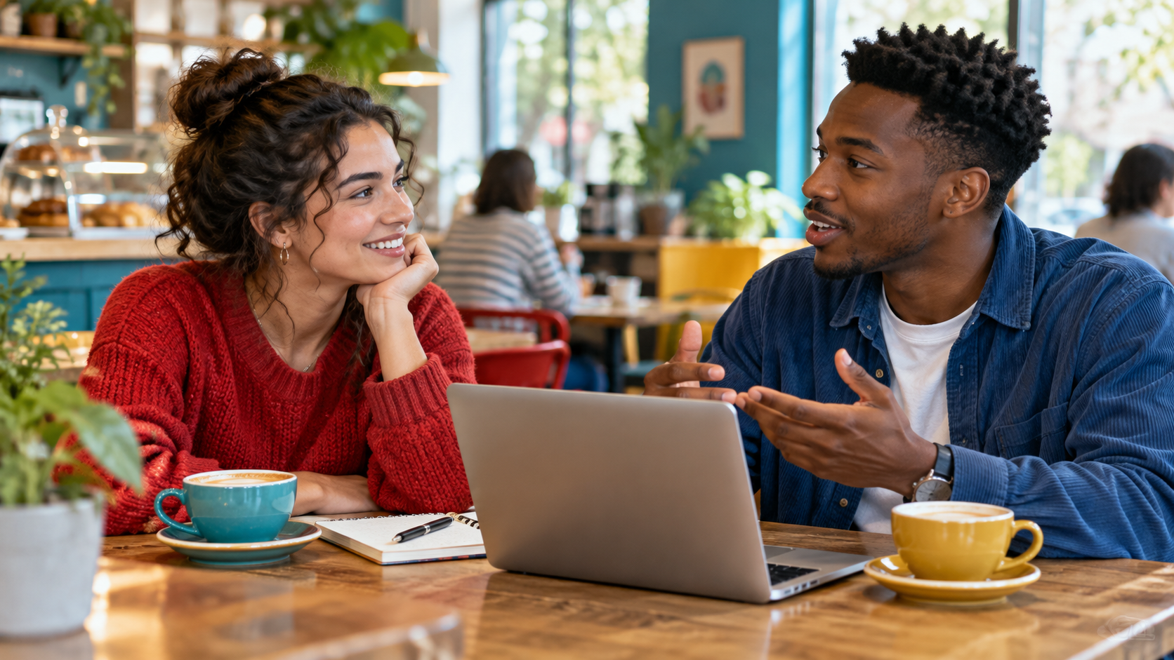 Two learners having a cafe conversation