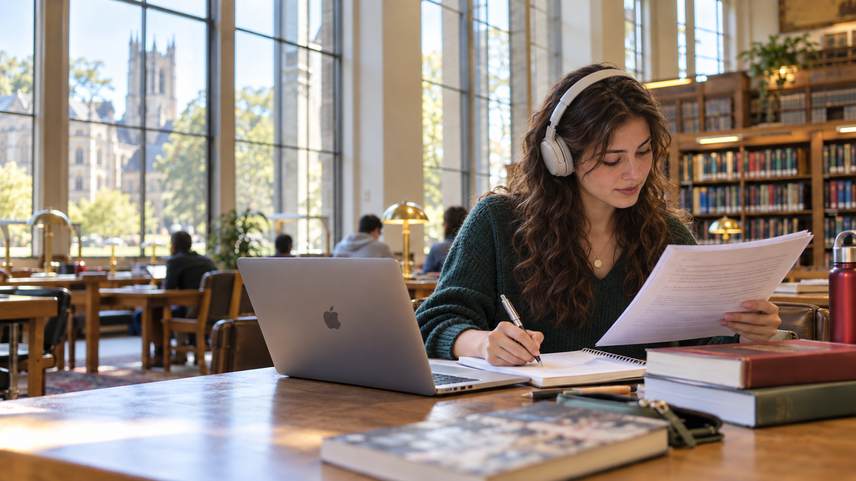An English learner wearing headphones and studying a transcript in a bright university library